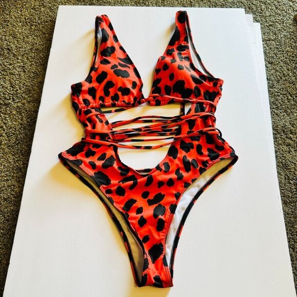 Leopard Print Plunging V-Neck Lace Up Swimsuit Small Red Orange Animal High Cut - Picture 3 of 14